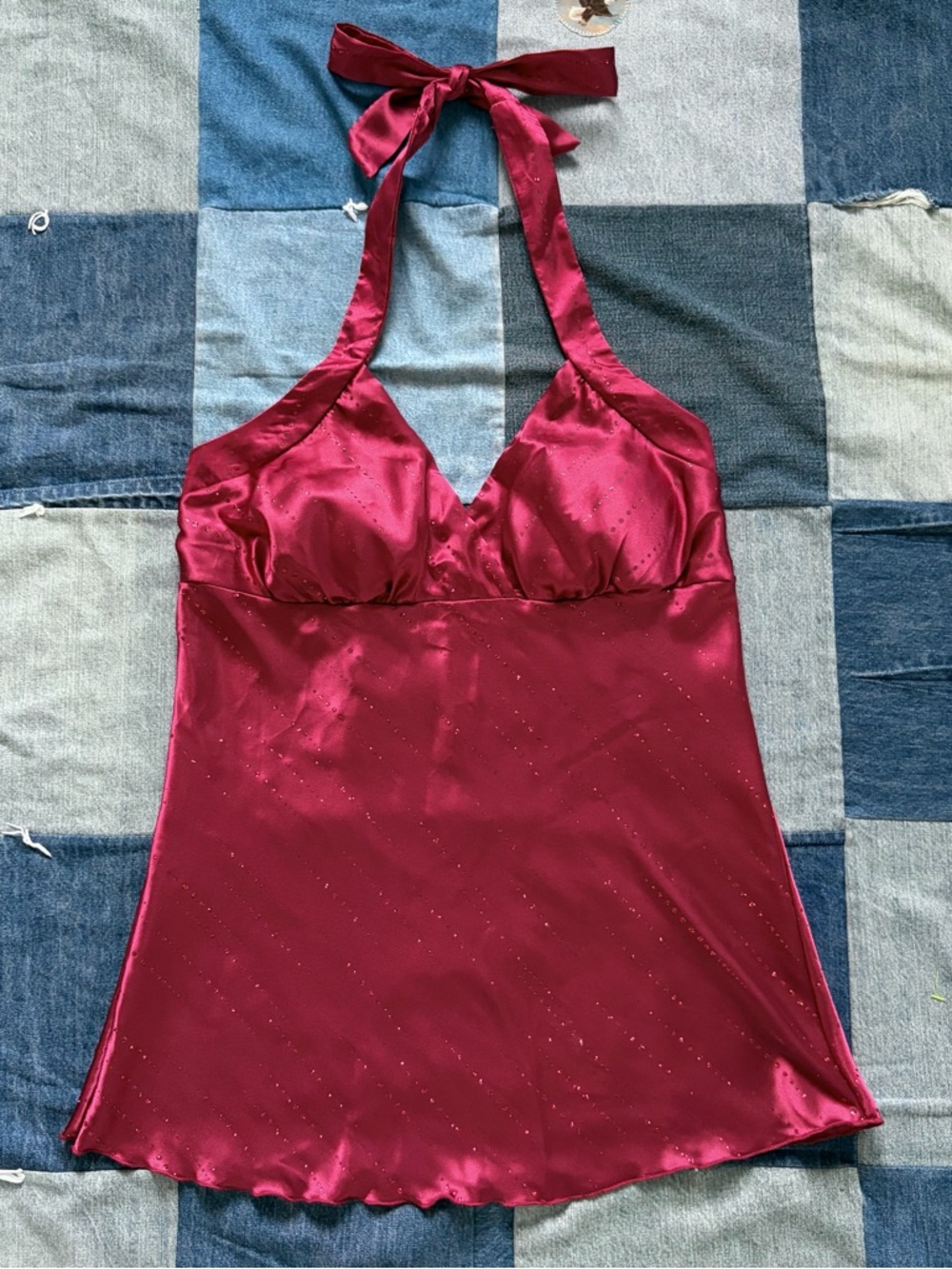 VTG Red Sparkle Halter Top 90s Y2K Open Back Satin Girl Talk USA Made Size L